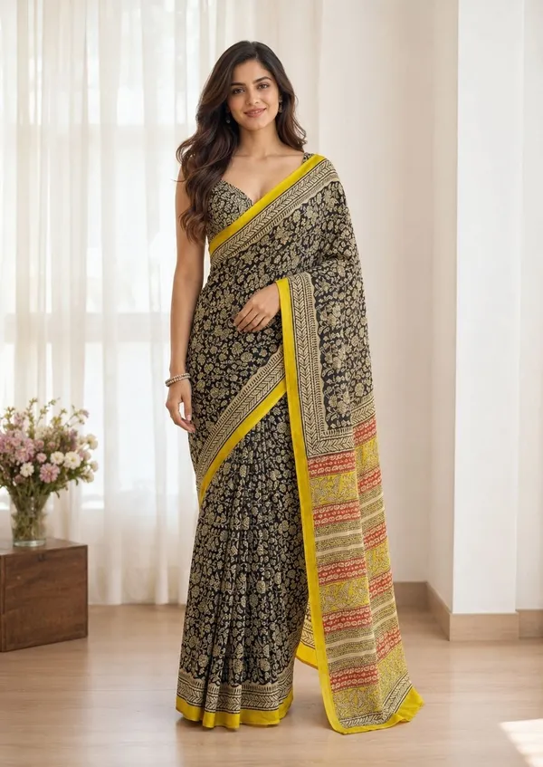 Leelavati_Printed_Floral_Print_Geometric_Print_Blocked_Printed_Daily_Wear_Pure_Cotton_Saree_Black