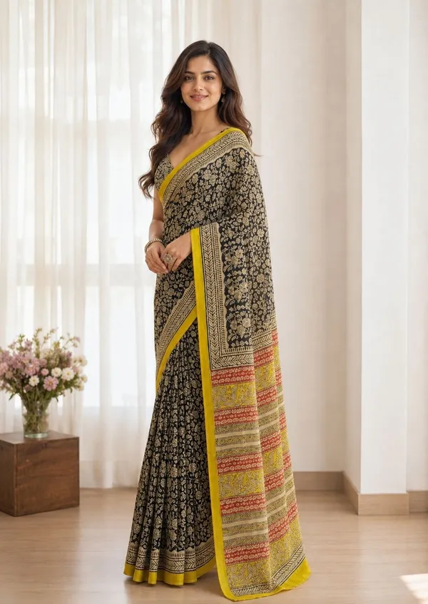 Leelavati_Printed_Floral_Print_Geometric_Print_Blocked_Printed_Daily_Wear_Pure_Cotton_Saree_Black