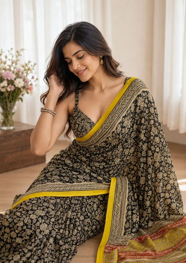 Leelavati_Printed_Floral_Print_Geometric_Print_Blocked_Printed_Daily_Wear_Pure_Cotton_Saree_Black