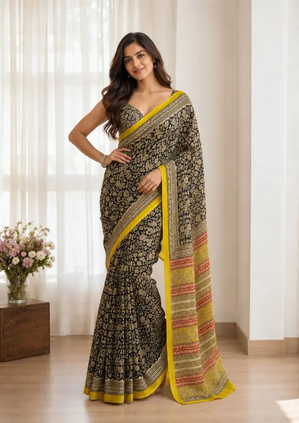Leelavati_Printed_Floral_Print_Geometric_Print_Blocked_Printed_Daily_Wear_Pure_Cotton_Saree_Black