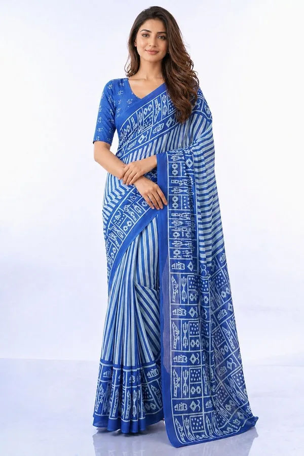 Leelavati_Printed_Floral_Print_Geometric_Print_Blocked_Printed_Daily_Wear_Pure_Cotton_Saree_Blue