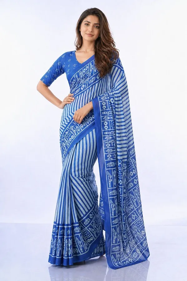 Leelavati_Printed_Floral_Print_Geometric_Print_Blocked_Printed_Daily_Wear_Pure_Cotton_Saree_Blue