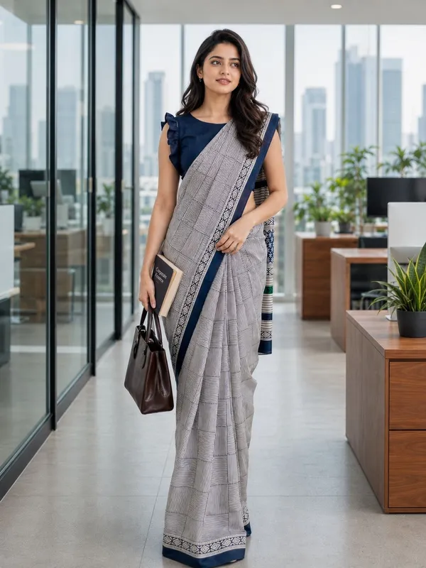 Leelavati_Printed_Floral_Print_Geometric_Print_Blocked_Printed_Daily_Wear_Pure_Cotton_Saree_Grey_And_Blue