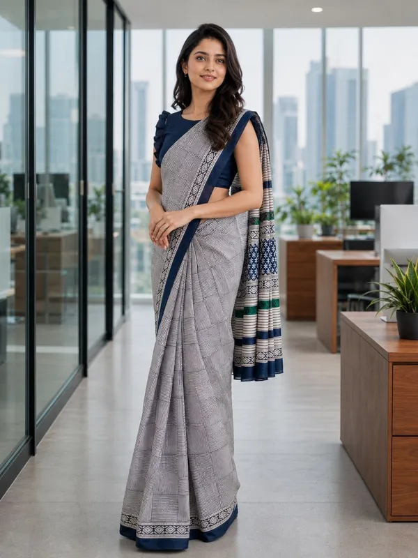Leelavati_Printed_Floral_Print_Geometric_Print_Blocked_Printed_Daily_Wear_Pure_Cotton_Saree_Grey_And_Blue