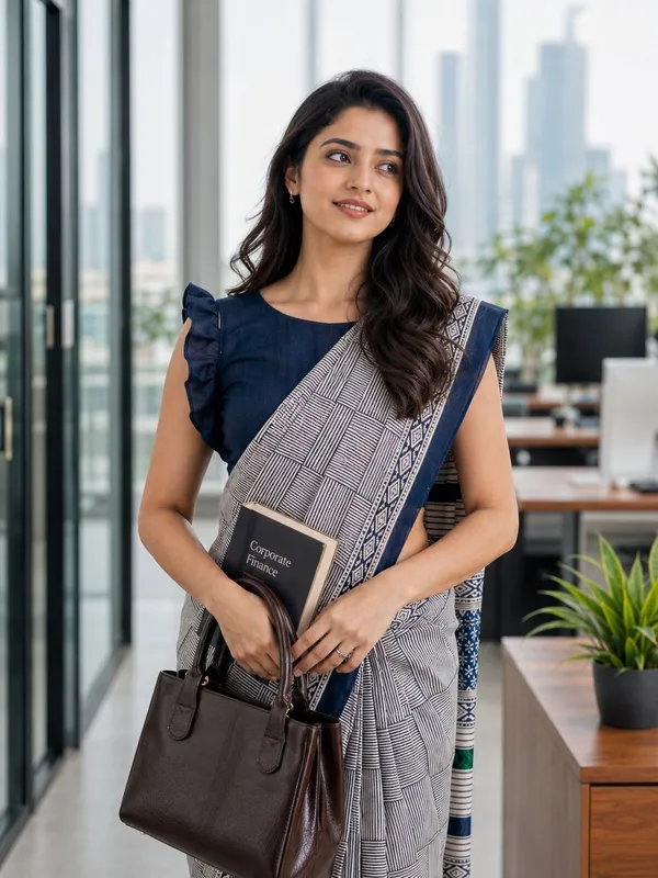 Leelavati_Printed_Floral_Print_Geometric_Print_Blocked_Printed_Daily_Wear_Pure_Cotton_Saree_Grey_And_Blue