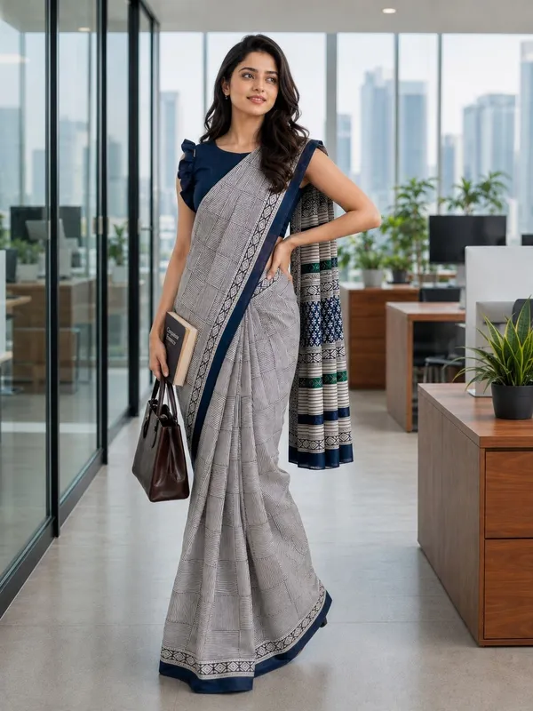 Leelavati_Printed_Floral_Print_Geometric_Print_Blocked_Printed_Daily_Wear_Pure_Cotton_Saree_Grey_And_Blue