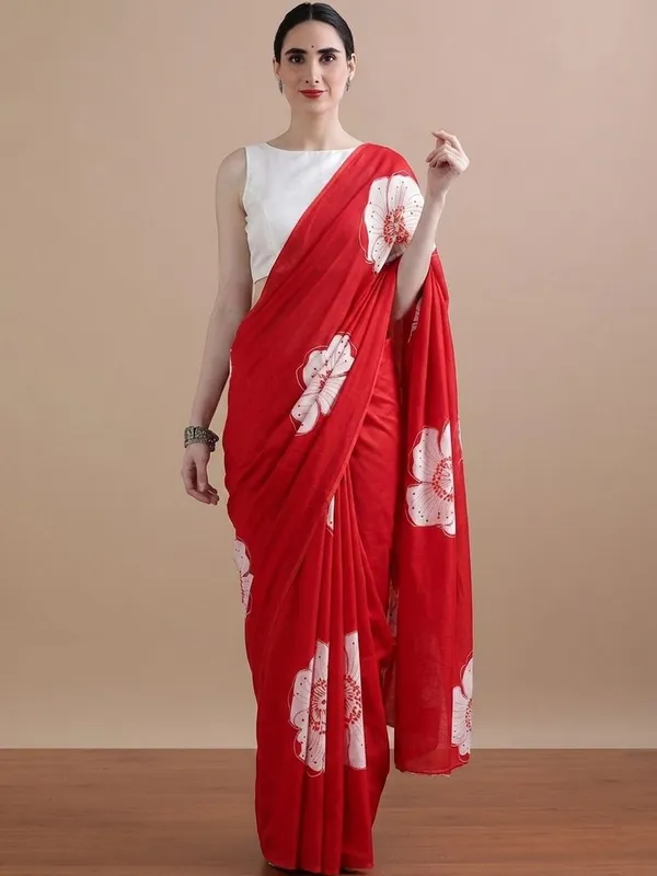 Leelavati_Printed_Floral_Print_Geometric_Print_Blocked_Printed_Daily_Wear_Pure_Cotton_Saree_Red