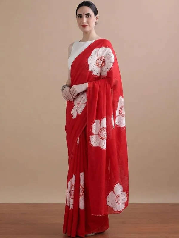 Leelavati_Printed_Floral_Print_Geometric_Print_Blocked_Printed_Daily_Wear_Pure_Cotton_Saree_Red