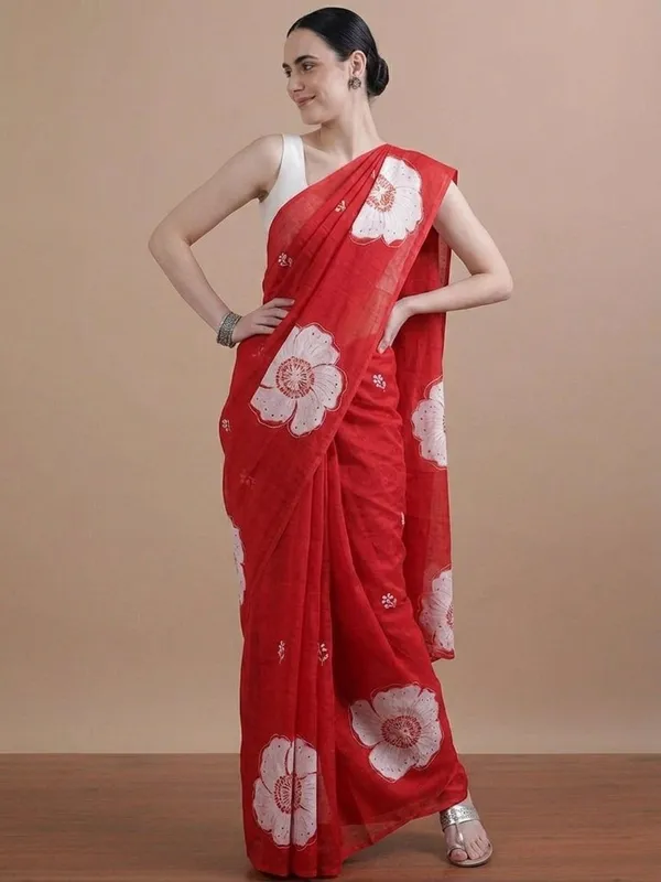 Leelavati_Printed_Floral_Print_Geometric_Print_Blocked_Printed_Daily_Wear_Pure_Cotton_Saree_Red