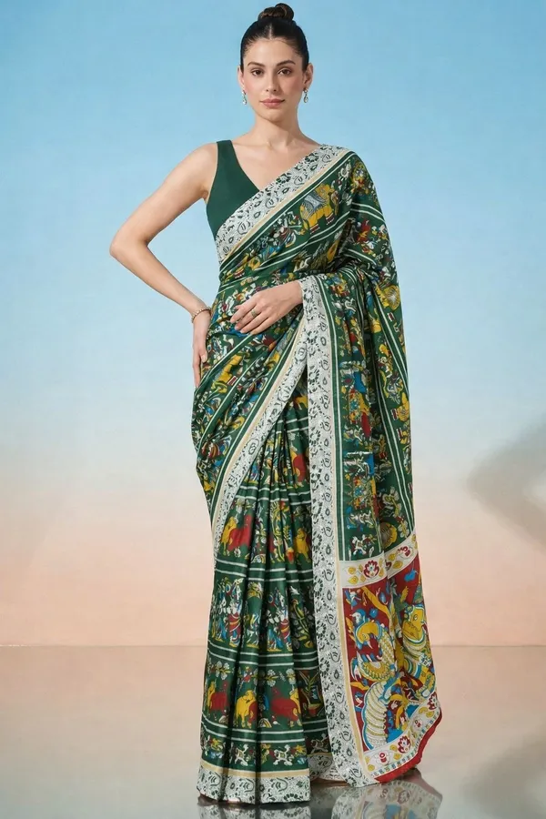 Leelavati_Printed_Floral_Print_Geometric_Print_Blocked_Printed_Daily_Wear_Pure_Cotton_Saree_Green