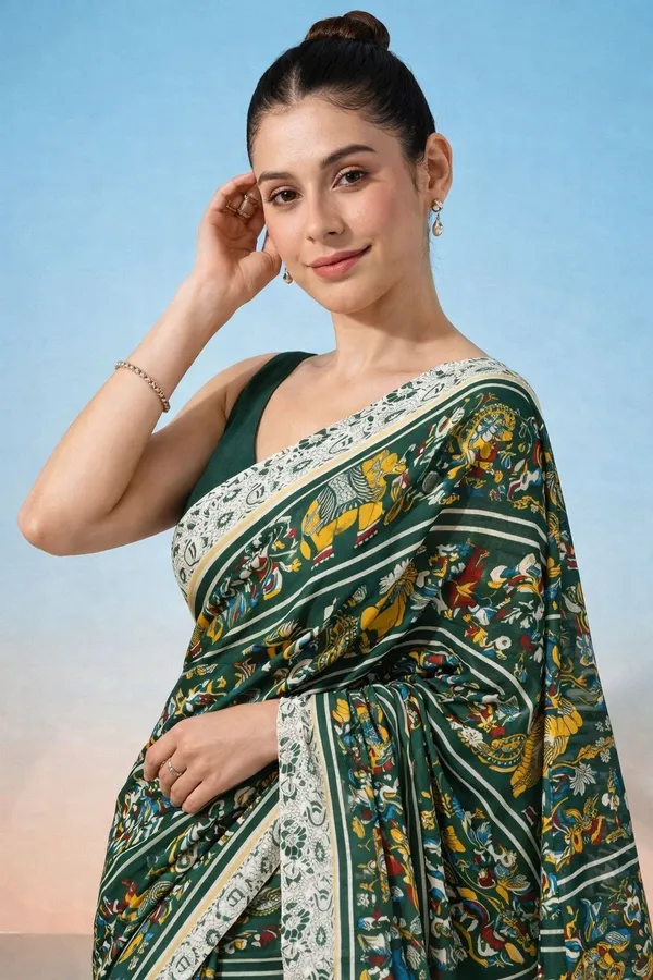 Leelavati_Printed_Floral_Print_Geometric_Print_Blocked_Printed_Daily_Wear_Pure_Cotton_Saree_Green