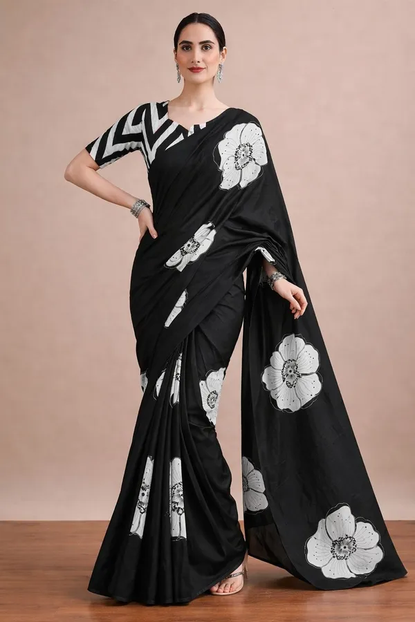 Leelavati_Printed_Floral_Print_Geometric_Print_Blocked_Printed_Daily_Wear_Pure_Cotton_Saree_Black