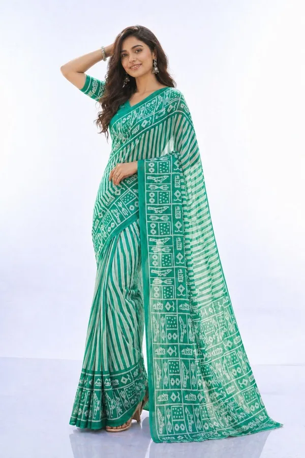 Leelavati_Printed_Floral_Print_Geometric_Print_Blocked_Printed_Daily_Wear_Pure_Cotton_Saree_Light_Green
