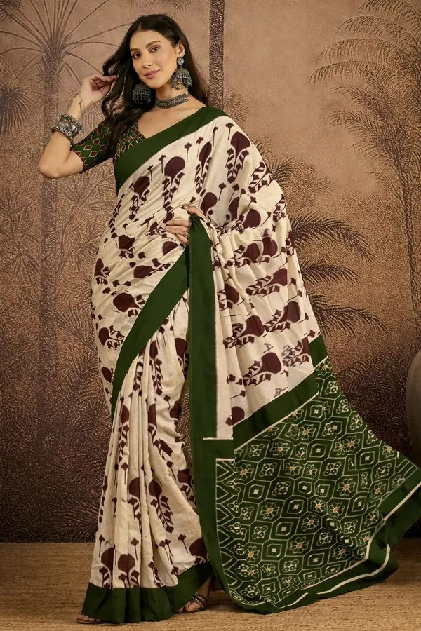 Leelavati_Printed_Floral_Print_Geometric_Print_Blocked_Printed_Daily_Wear_Pure_Cotton_Saree_Brown_And_Green