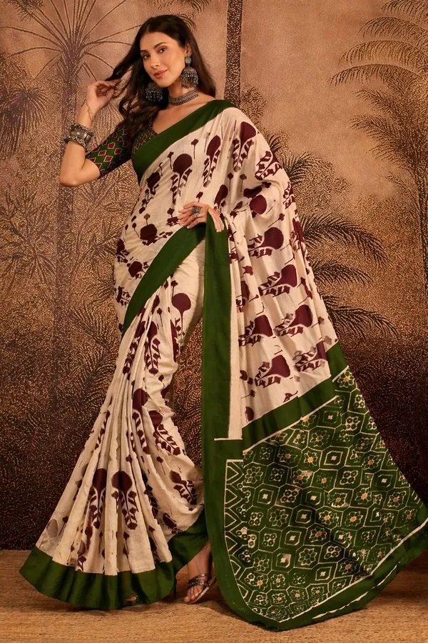 Leelavati_Printed_Floral_Print_Geometric_Print_Blocked_Printed_Daily_Wear_Pure_Cotton_Saree_Brown_And_Green