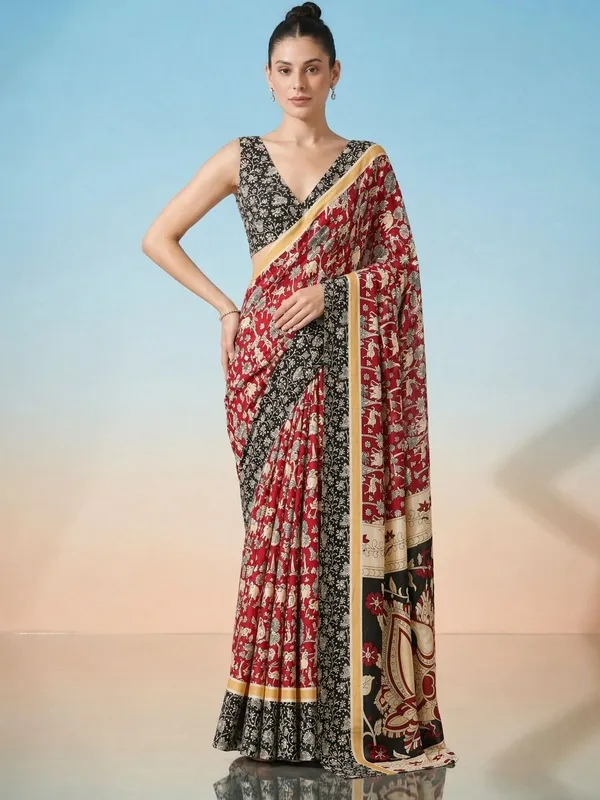 Leelavati_Printed_Floral_Print_Geometric_Print_Blocked_Printed_Daily_Wear_Pure_Cotton_Saree_Maroon
