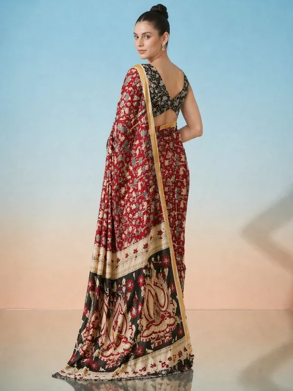 Leelavati_Printed_Floral_Print_Geometric_Print_Blocked_Printed_Daily_Wear_Pure_Cotton_Saree_Maroon