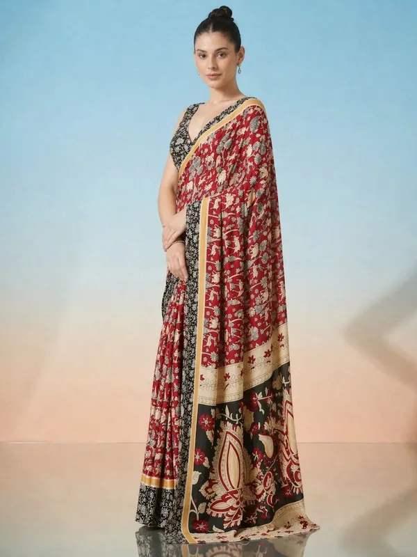 Leelavati_Printed_Floral_Print_Geometric_Print_Blocked_Printed_Daily_Wear_Pure_Cotton_Saree_Maroon