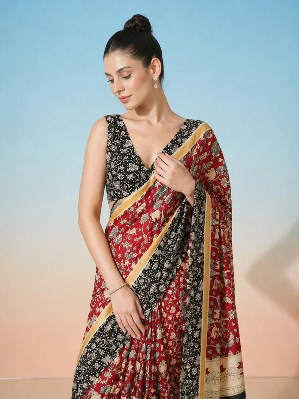 Leelavati_Printed_Floral_Print_Geometric_Print_Blocked_Printed_Daily_Wear_Pure_Cotton_Saree_Maroon