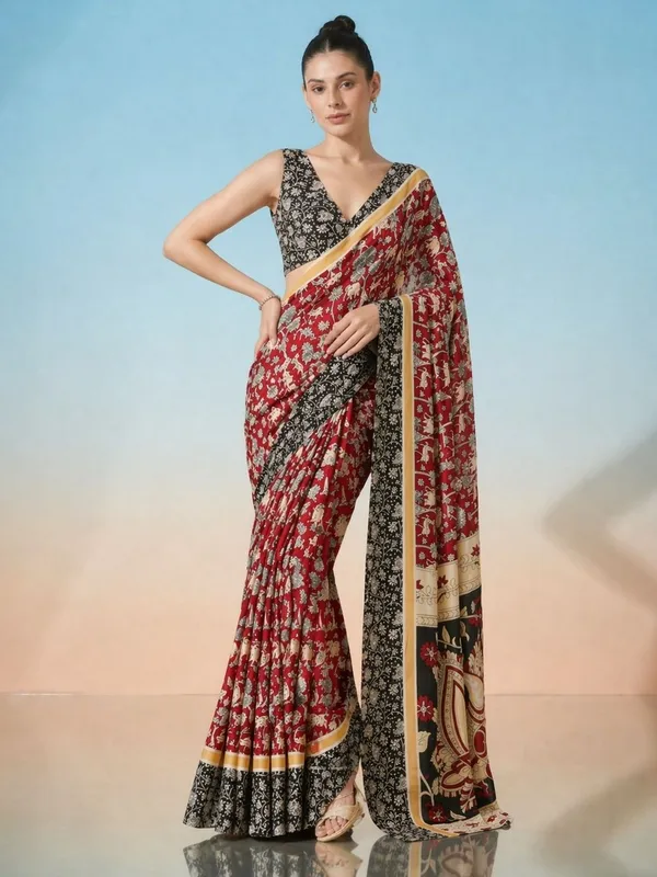 Leelavati_Printed_Floral_Print_Geometric_Print_Blocked_Printed_Daily_Wear_Pure_Cotton_Saree_Maroon