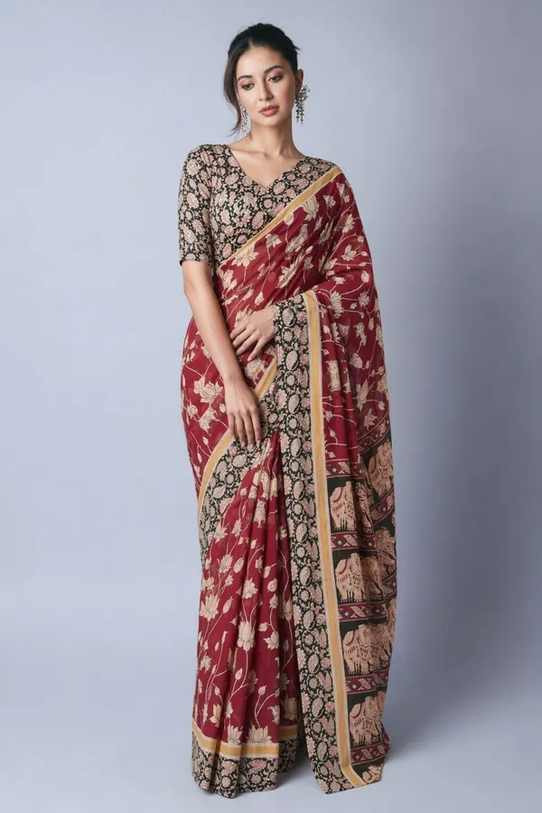 Leelavati_Printed_Floral_Print_Geometric_Print_Blocked_Printed_Daily_Wear_Pure_Cotton_Saree_Red