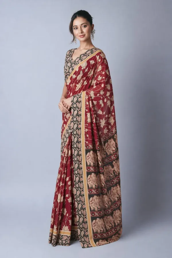 Leelavati_Printed_Floral_Print_Geometric_Print_Blocked_Printed_Daily_Wear_Pure_Cotton_Saree_Red