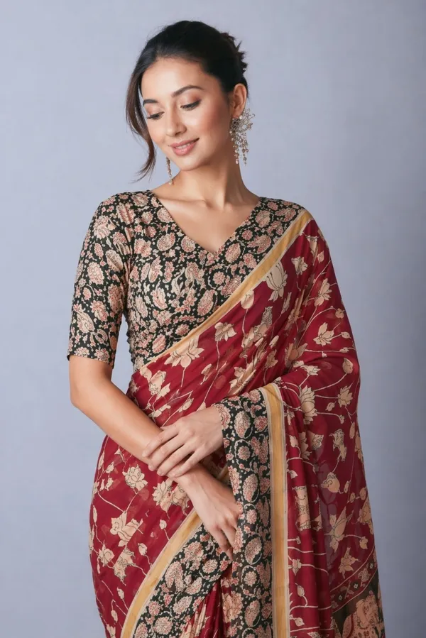 Leelavati_Printed_Floral_Print_Geometric_Print_Blocked_Printed_Daily_Wear_Pure_Cotton_Saree_Red