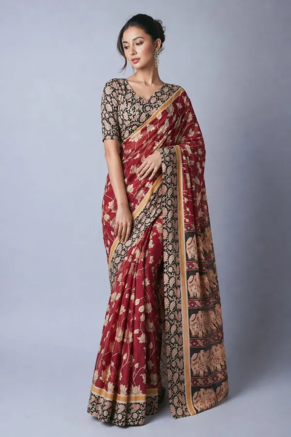Leelavati_Printed_Floral_Print_Geometric_Print_Blocked_Printed_Daily_Wear_Pure_Cotton_Saree_Red