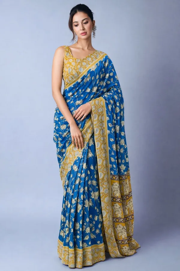 Leelavati_Printed_Floral_Print_Geometric_Print_Blocked_Printed_Daily_Wear_Pure_Cotton_Saree_Blue