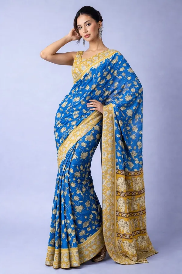 Leelavati_Printed_Floral_Print_Geometric_Print_Blocked_Printed_Daily_Wear_Pure_Cotton_Saree_Blue