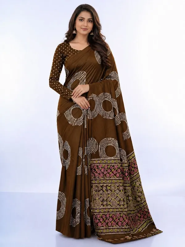 Leelavati_Printed_Floral_Print_Geometric_Print_Blocked_Printed_Daily_Wear_Pure_Cotton_Saree_Brown