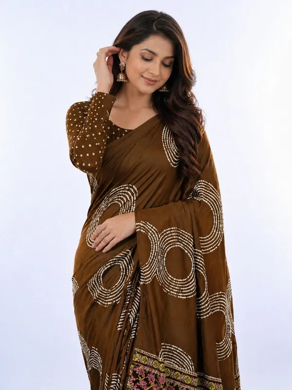 Leelavati_Printed_Floral_Print_Geometric_Print_Blocked_Printed_Daily_Wear_Pure_Cotton_Saree_Brown