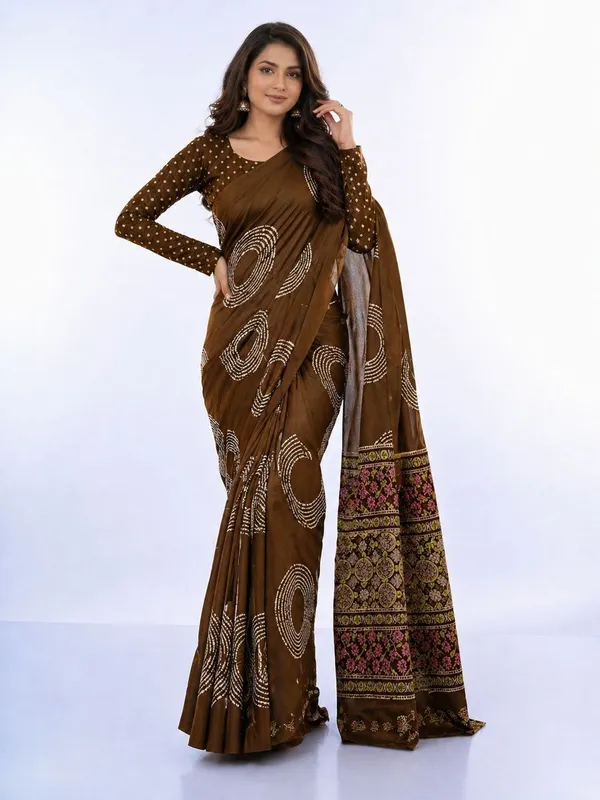 Leelavati_Printed_Floral_Print_Geometric_Print_Blocked_Printed_Daily_Wear_Pure_Cotton_Saree_Brown