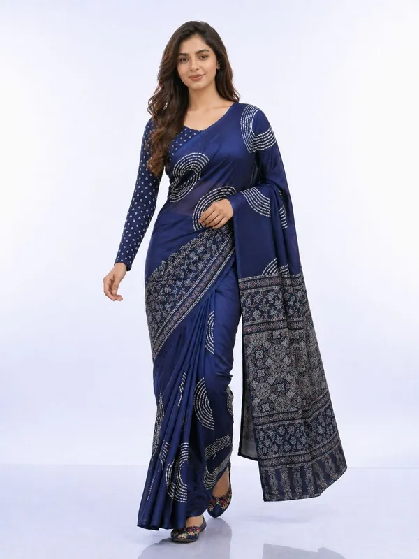 Leelavati_Printed_Floral_Print_Geometric_Print_Blocked_Printed_Daily_Wear_Pure_Cotton_Saree_Blue