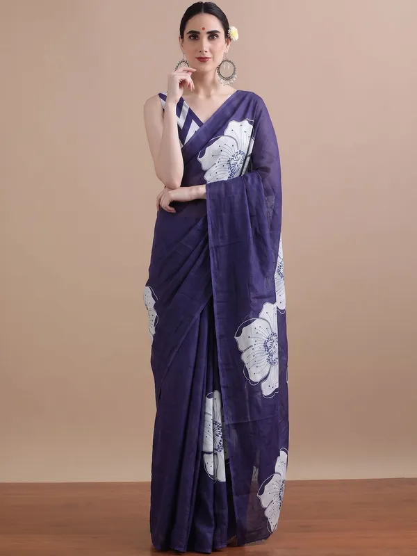 Leelavati_Printed_Floral_Print_Geometric_Print_Blocked_Printed_Daily_Wear_Pure_Cotton_Saree_Blue