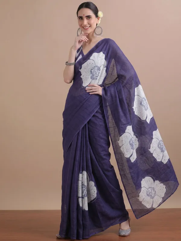 Leelavati_Printed_Floral_Print_Geometric_Print_Blocked_Printed_Daily_Wear_Pure_Cotton_Saree_Blue