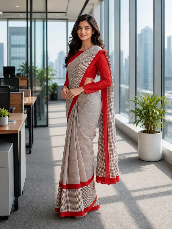 Leelavati_Printed_Floral_Print_Geometric_Print_Blocked_Printed_Daily_Wear_Pure_Cotton_Saree_Red