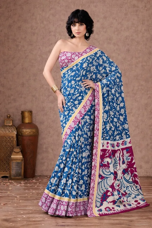Leelavati_Printed_Floral_Print_Geometric_Print_Blocked_Printed_Daily_Wear_Pure_Cotton_Saree_Blue