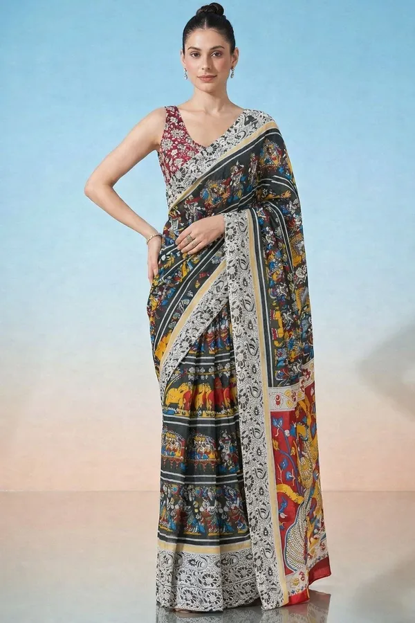 Leelavati_Printed_Floral_Print_Geometric_Print_Blocked_Printed_Daily_Wear_Pure_Cotton_Saree_Black