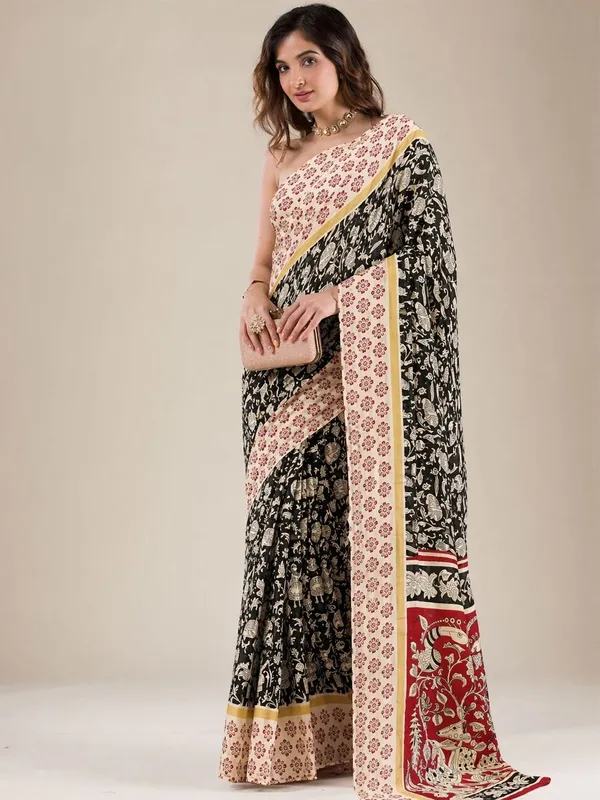 Leelavati_Printed_Floral_Print_Geometric_Print_Blocked_Printed_Daily_Wear_Pure_Cotton_Saree_Black