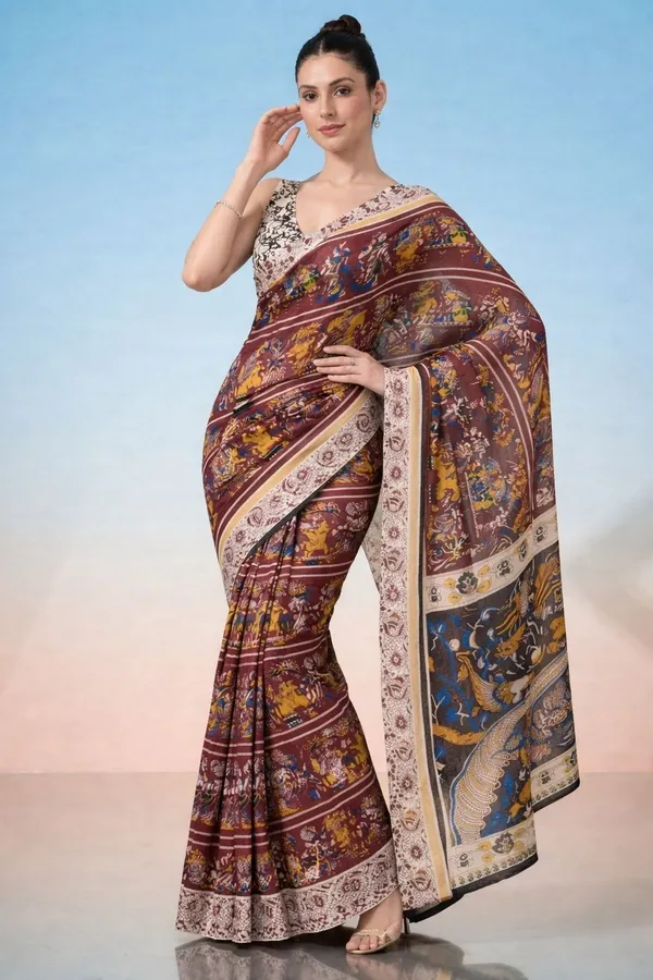 Leelavati_Printed_Floral_Print_Geometric_Print_Blocked_Printed_Daily_Wear_Pure_Cotton_Saree_Red