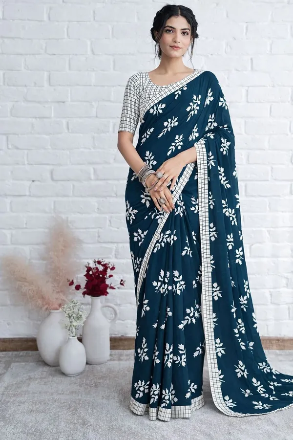 Leelavati_Printed_Floral_Print_Geometric_Print_Blocked_Printed_Daily_Wear_Pure_Cotton_Saree_Blue