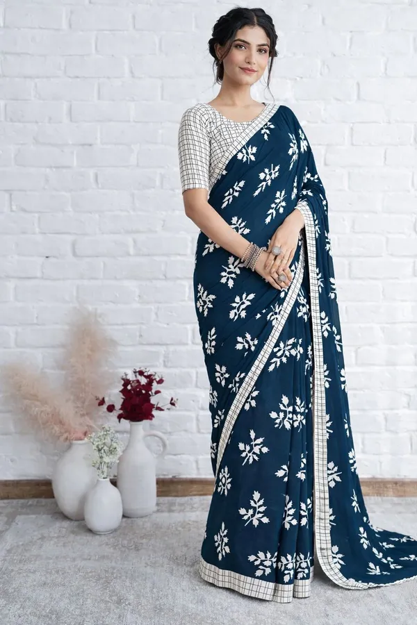 Leelavati_Printed_Floral_Print_Geometric_Print_Blocked_Printed_Daily_Wear_Pure_Cotton_Saree_Blue