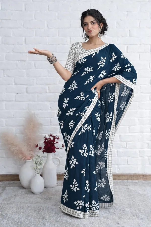 Leelavati_Printed_Floral_Print_Geometric_Print_Blocked_Printed_Daily_Wear_Pure_Cotton_Saree_Blue
