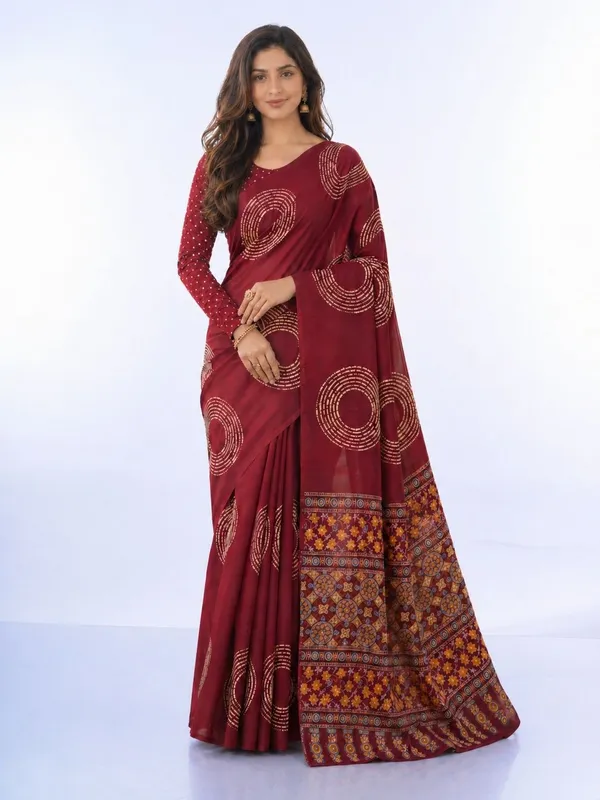 Leelavati_Printed_Floral_Print_Geometric_Print_Blocked_Printed_Daily_Wear_Pure_Cotton_Saree_Red