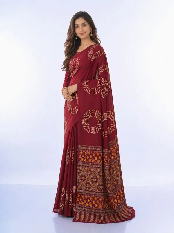 Leelavati_Printed_Floral_Print_Geometric_Print_Blocked_Printed_Daily_Wear_Pure_Cotton_Saree_Red