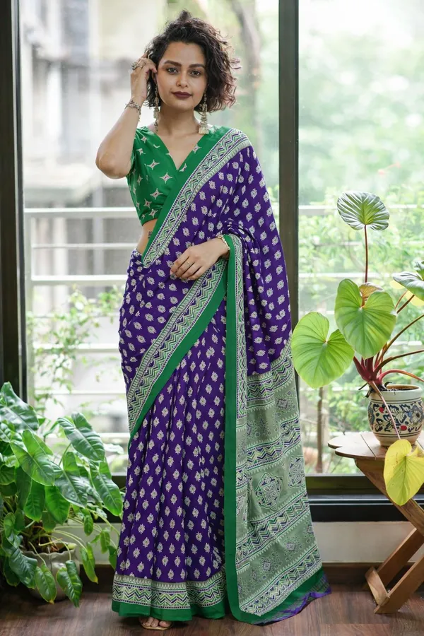 Leelavati_Printed_Floral_Print_Geometric_Print_Blocked_Printed_Daily_Wear_Pure_Cotton_Saree_Purple