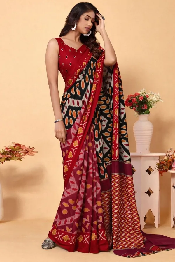 Leelavati_Printed_Floral_Print_Geometric_Print_Blocked_Printed_Daily_Wear_Pure_Cotton_Saree_Black_And_Red