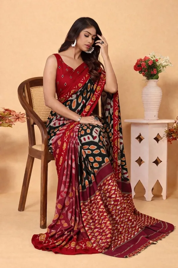 Leelavati_Printed_Floral_Print_Geometric_Print_Blocked_Printed_Daily_Wear_Pure_Cotton_Saree_Black_And_Red