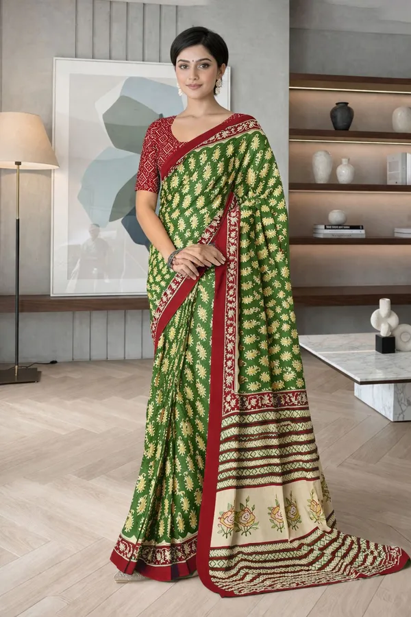Leelavati_Printed_Floral_Print_Geometric_Print_Blocked_Printed_Daily_Wear_Pure_Cotton_Saree_Green